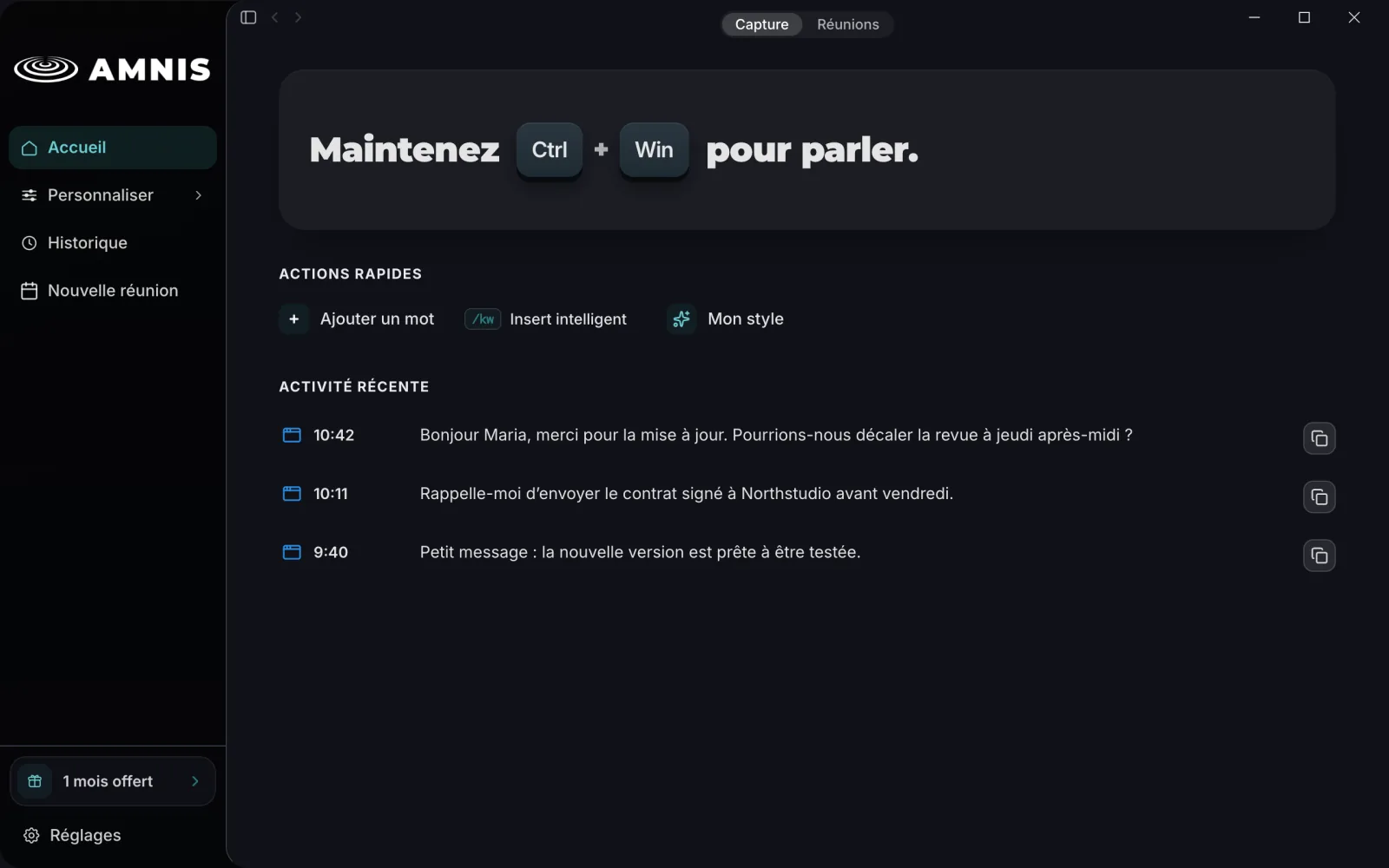 Écran d’accueil d’Amnis sous Windows, qui invite à maintenir Ctrl + Win pour parler