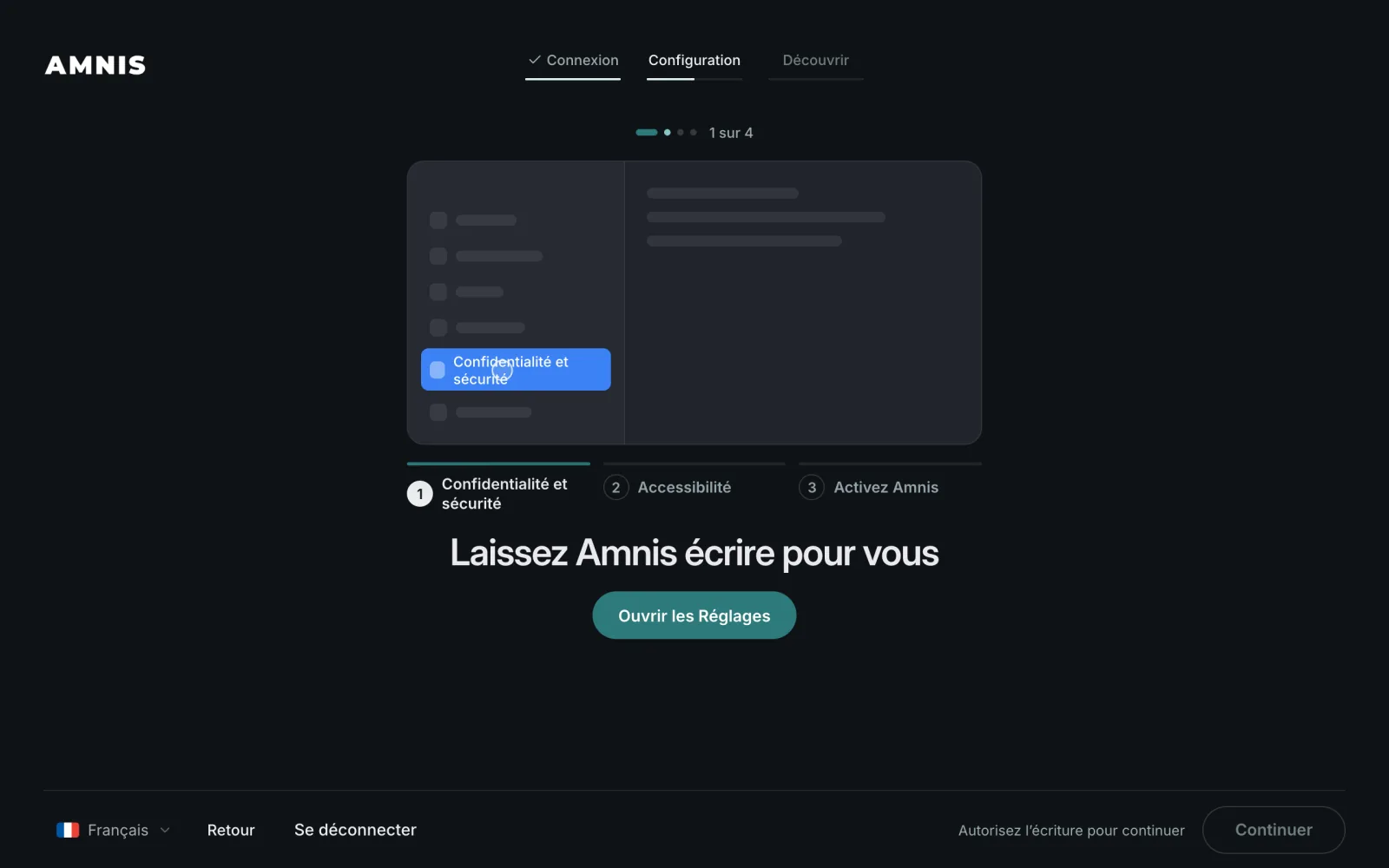 Carte de configuration d’Amnis intitulée Laissez Amnis écrire pour vous, avec un bouton qui ouvre Réglages Système