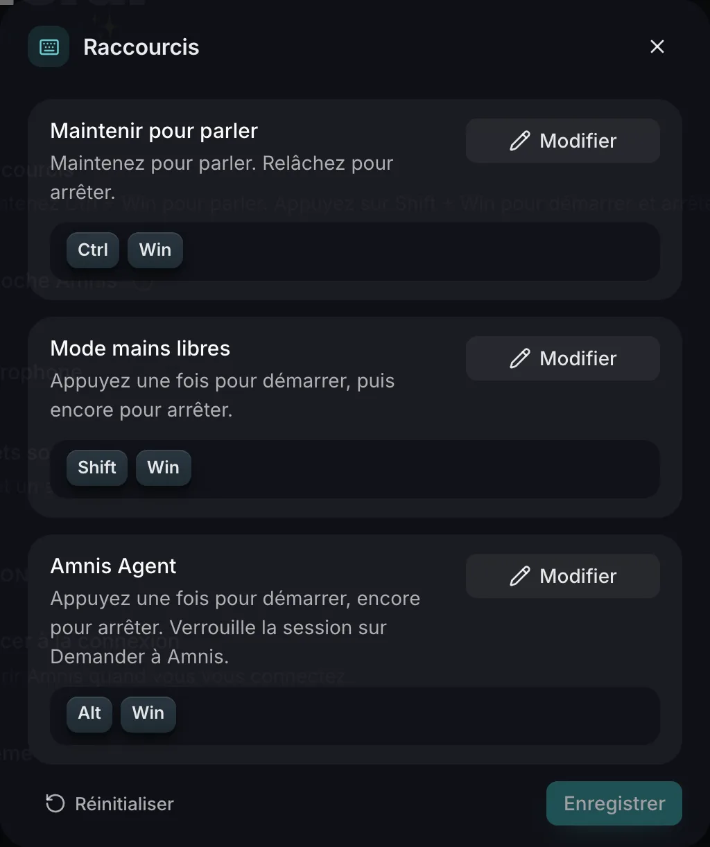 Fenêtre des raccourcis d’Amnis sous Windows : Ctrl + Win pour parler, Shift + Win en mains libres, Alt + Win pour Amnis Agent