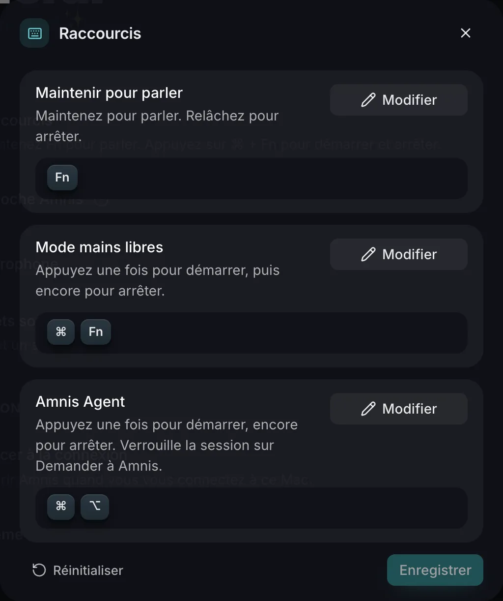 La fenêtre Raccourcis d’Amnis avec trois cartes, Maintenir pour parler, Mode mains libres et Amnis Agent, chacune avec ses touches