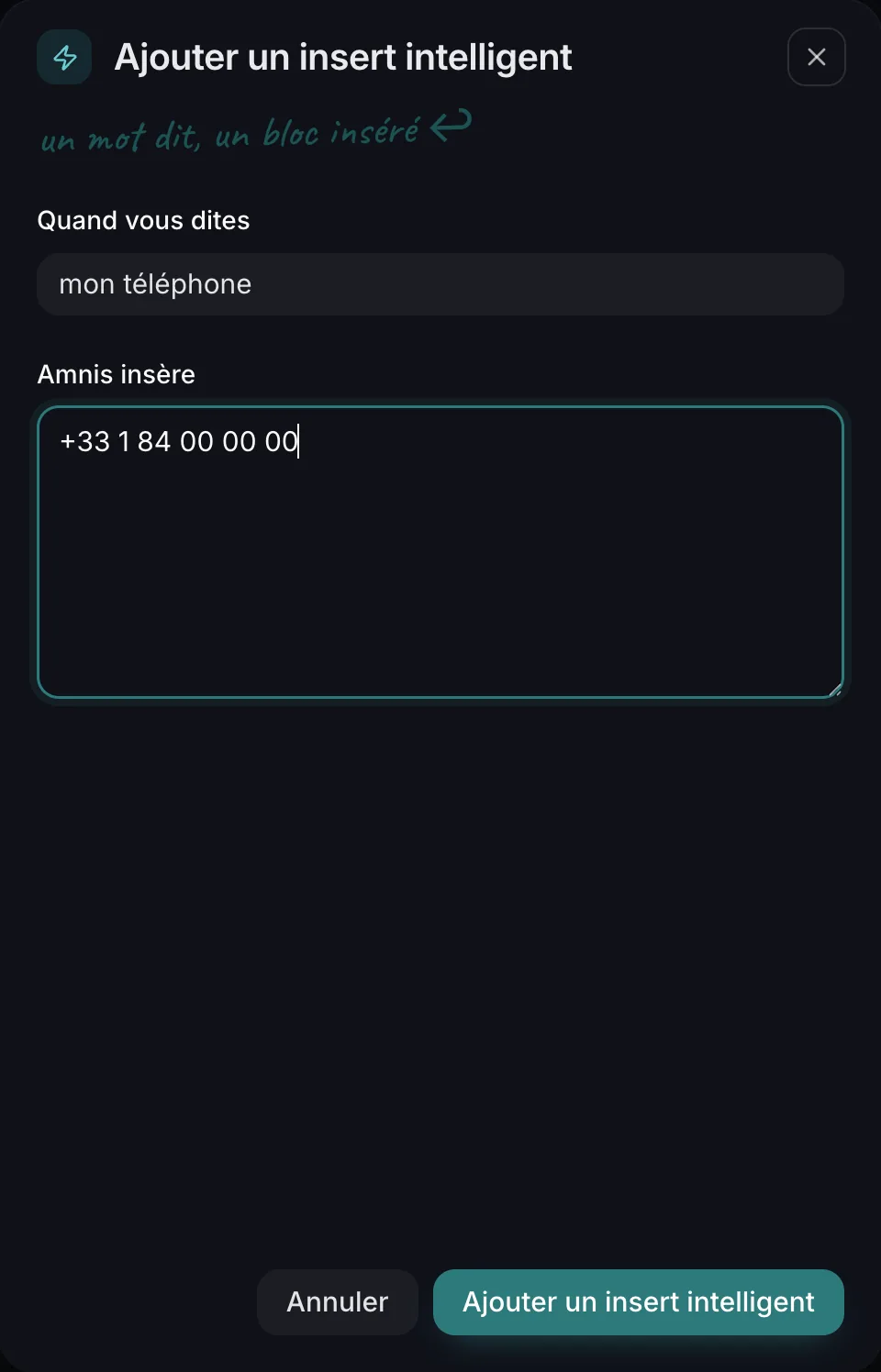 Fenêtre Ajouter un insert intelligent : sous Quand vous dites, mon téléphone ; sous Amnis insère, un numéro de téléphone complet