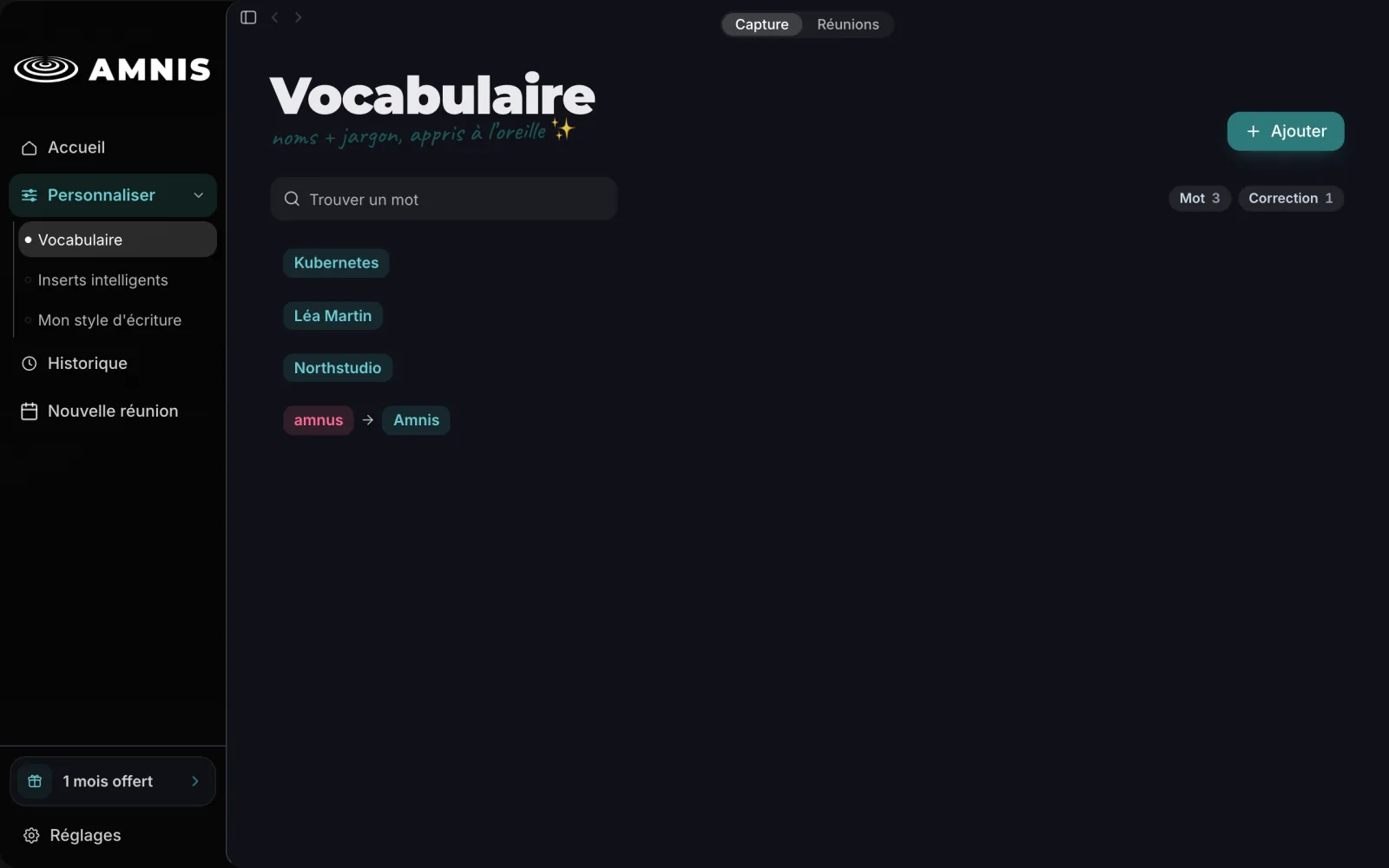 Écran Vocabulaire d’Amnis qui liste des mots comme Kubernetes et Léa Martin, et une correction