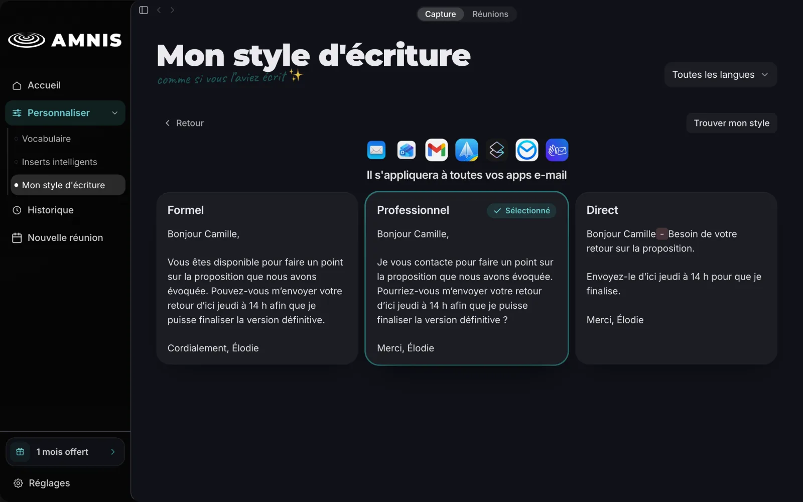 La carte du style e-mail ouverte : Formel, Professionnel et Direct, chacun avec un e-mail d’exemple et les mots modifiés en surbrillance