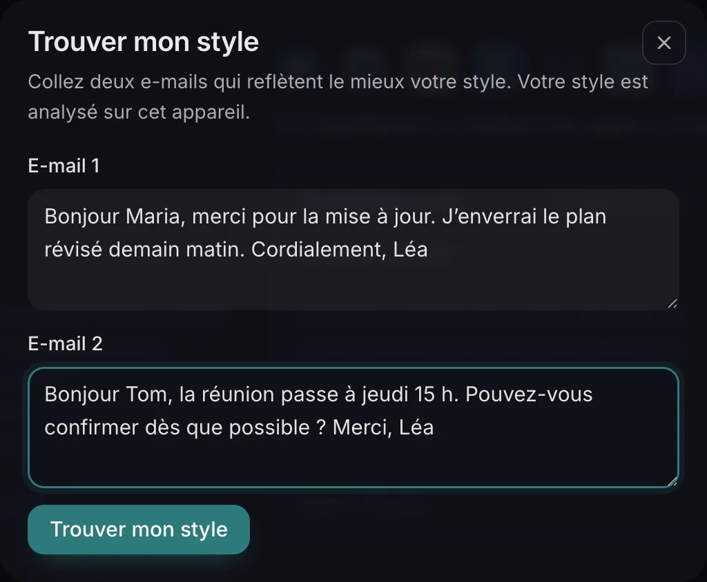 Panneau Trouver mon style avec deux zones où coller vos propres e-mails