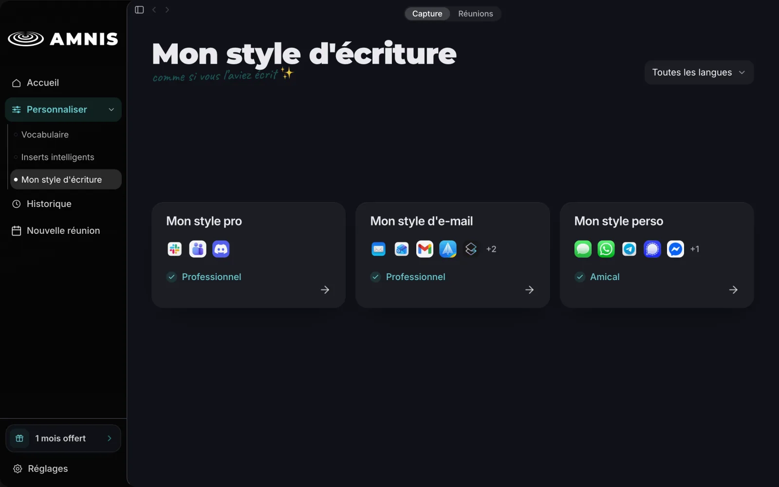 Écran Mon style d’écriture d’Amnis avec trois cartes : style pro réglé sur Professionnel, style d’e-mail sur Professionnel, style perso sur Amical